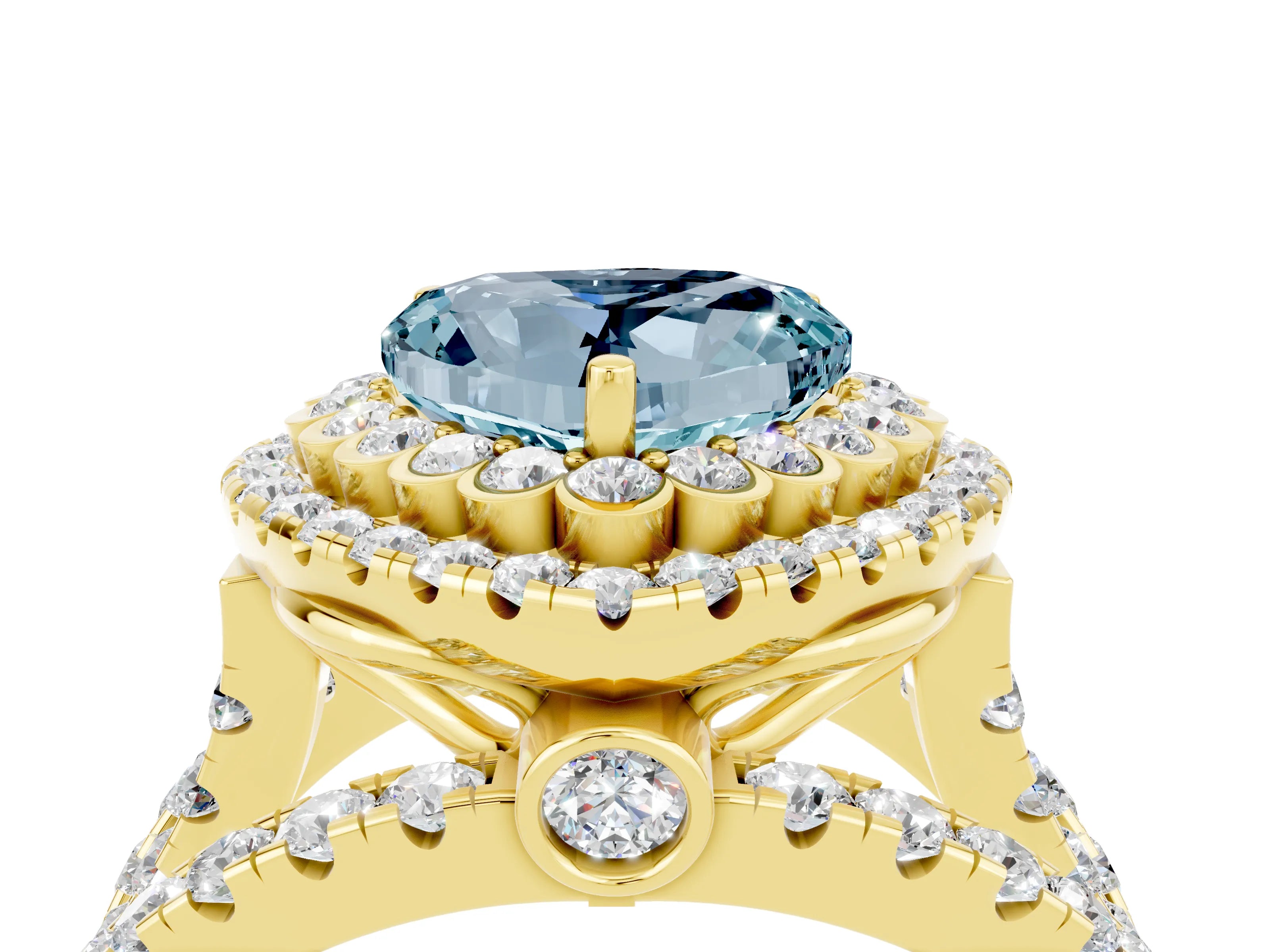 Yellow gold Double Halo Heart Cut Diamond Split Shank Pave Set Ring_4