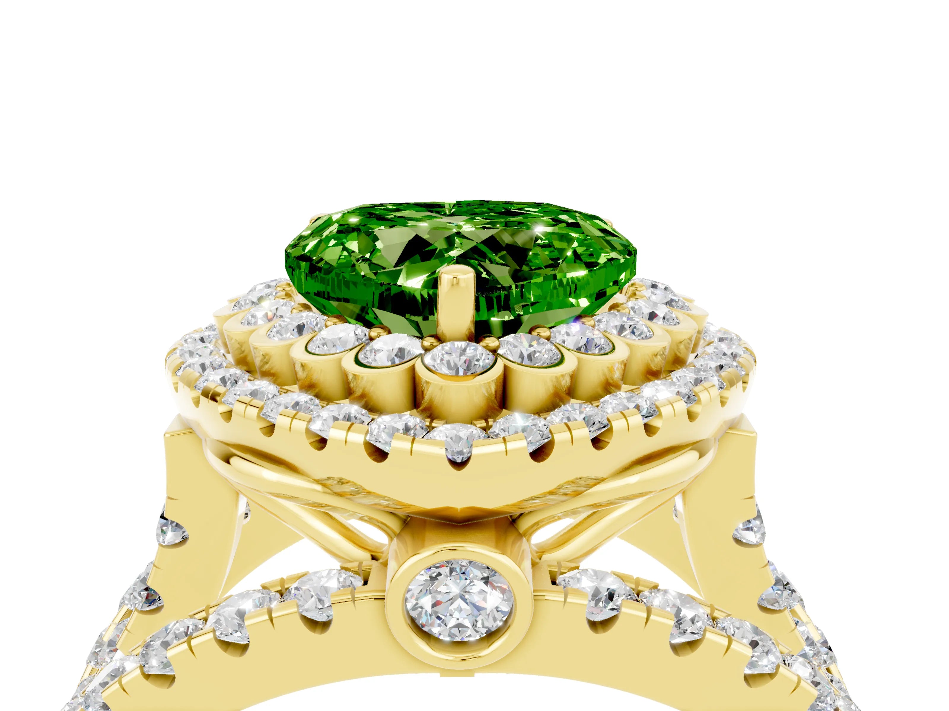 Yellow gold Double Halo Heart Cut Diamond Split Shank Pave Set Ring_4