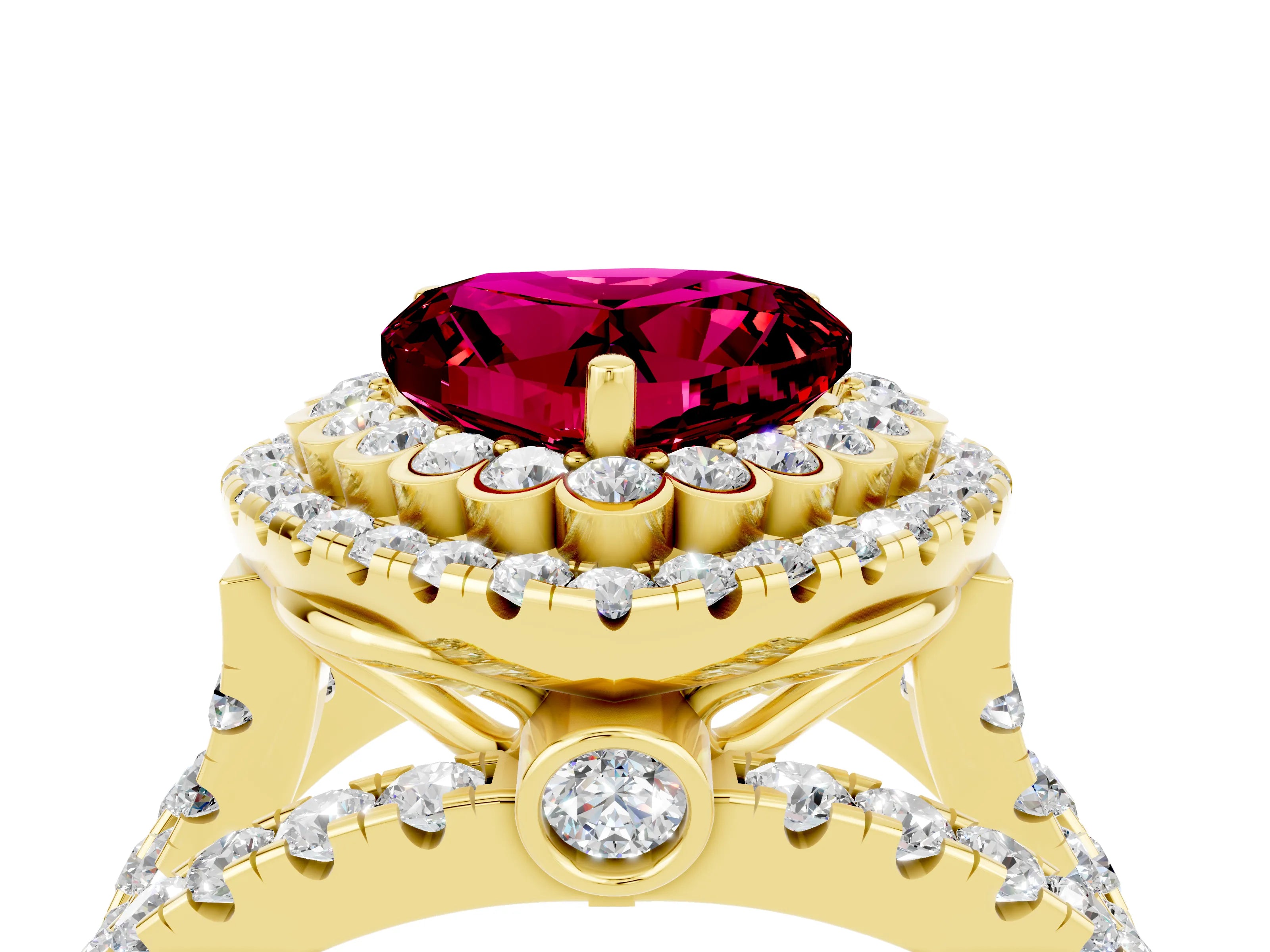 Yellow gold Double Halo Heart Cut Diamond Split Shank Pave Set Ring_4