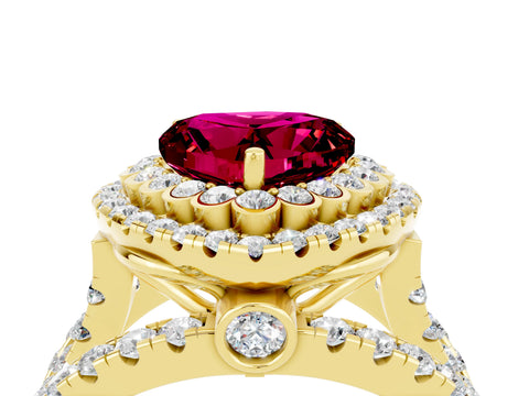 Yellow gold Double Halo Heart Cut Diamond Split Shank Pave Set Ring_4