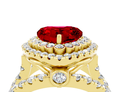 Yellow gold Double Halo Heart Cut Diamond Split Shank Pave Set Ring_4