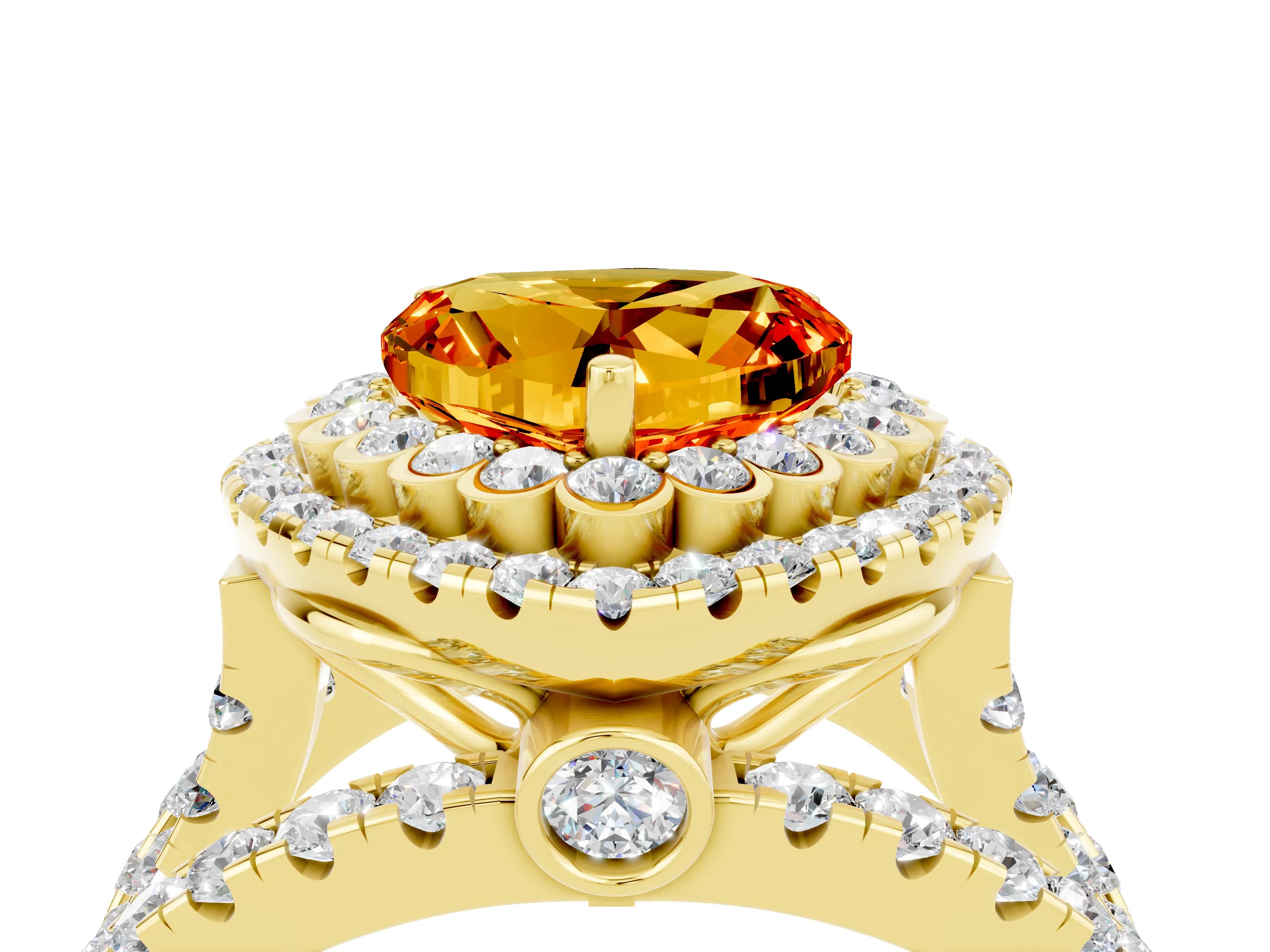 Yellow gold Double Halo Heart Cut Diamond Split Shank Pave Set Ring_4
