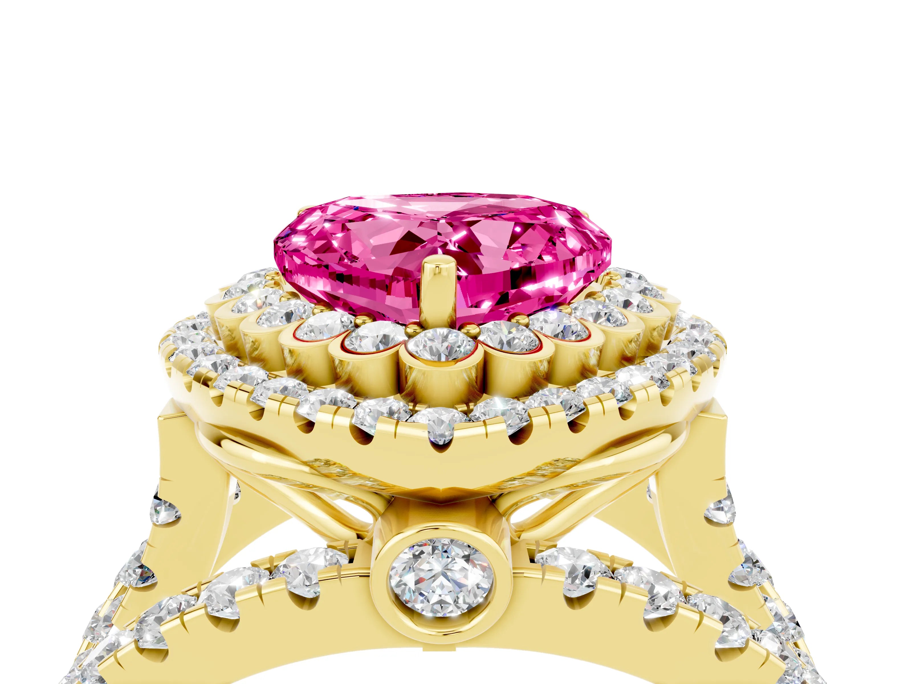 Yellow gold Double Halo Heart Cut Diamond Split Shank Pave Set Ring_4