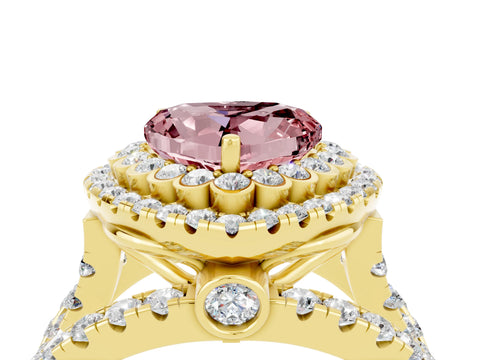 Yellow gold Double Halo Heart Cut Diamond Split Shank Pave Set Ring_4