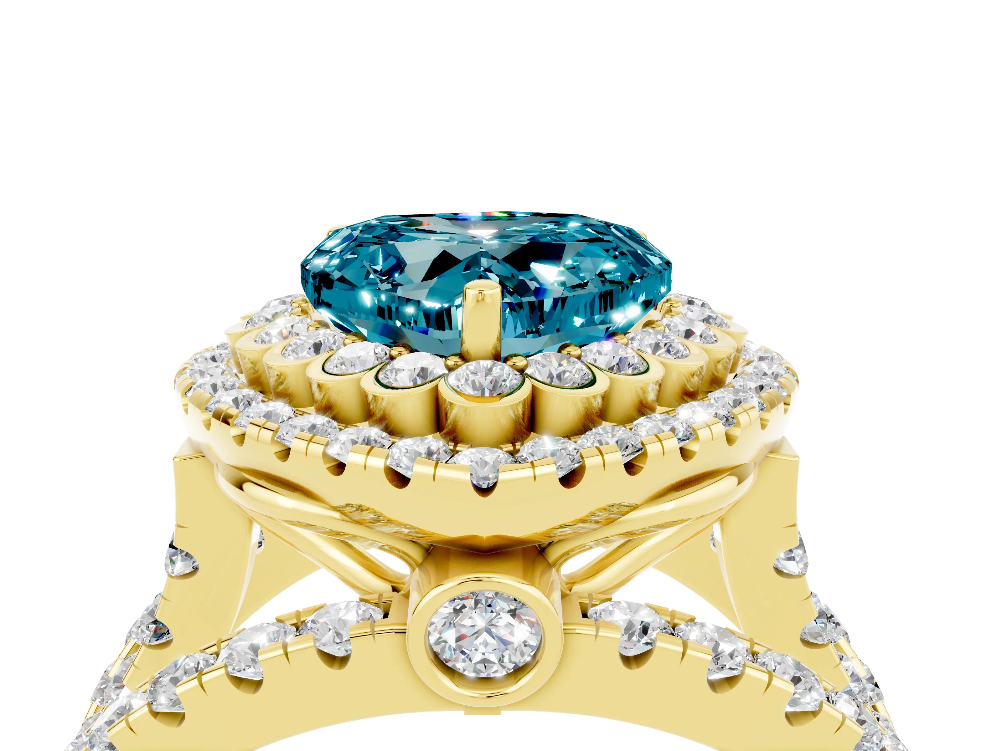 Yellow gold Double Halo Heart Cut Diamond Split Shank Pave Set Ring_4