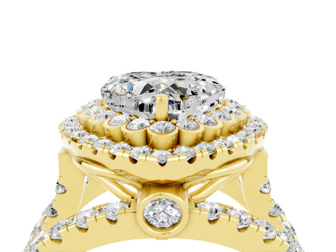 Yellow gold Double Halo Heart Cut Diamond Split Shank Pave Set Ring_4