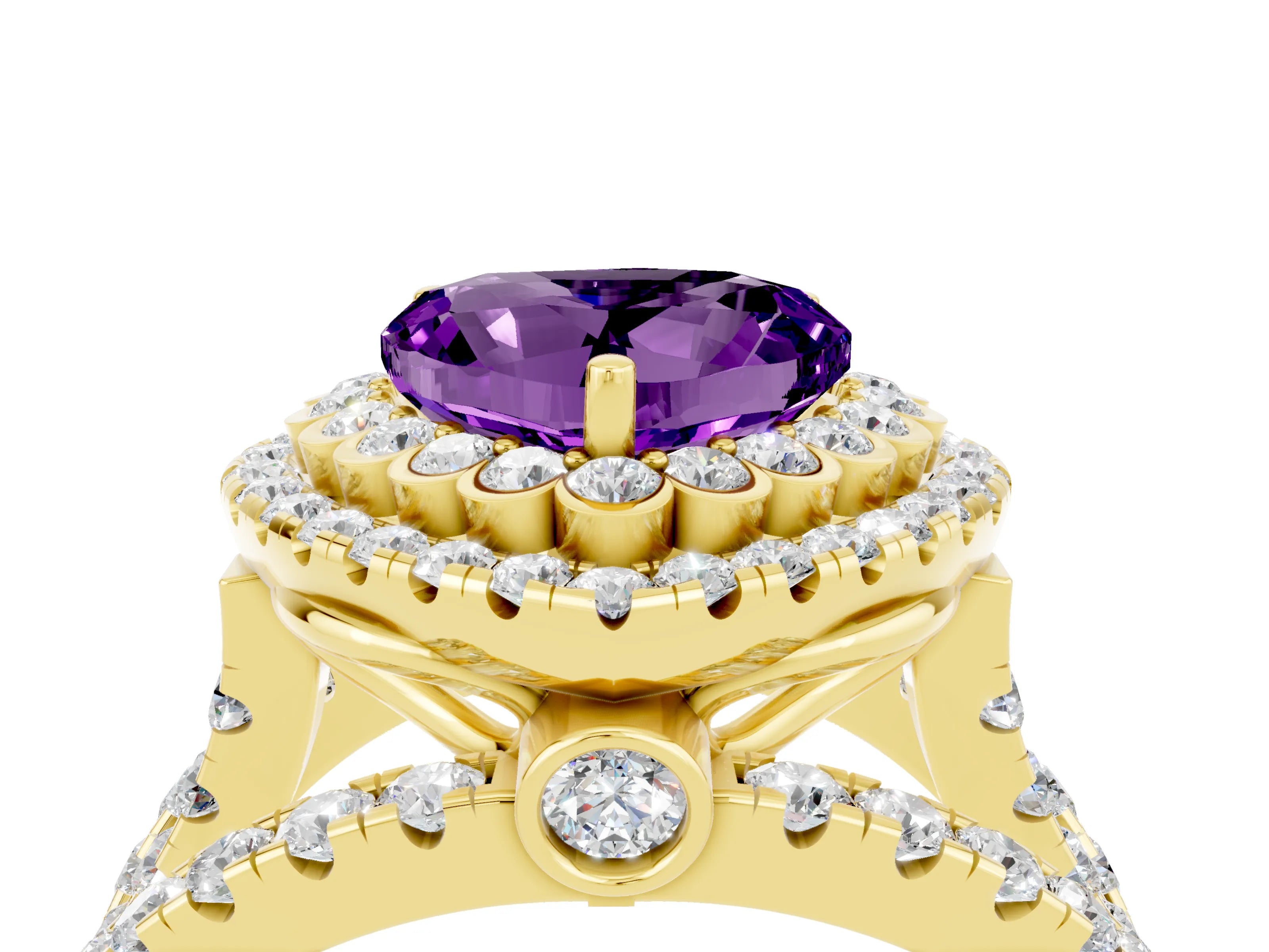 Yellow gold Double Halo Heart Cut Diamond Split Shank Pave Set Ring_4