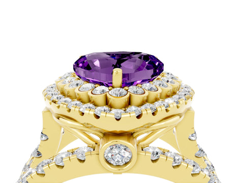 Yellow gold Double Halo Heart Cut Diamond Split Shank Pave Set Ring_4