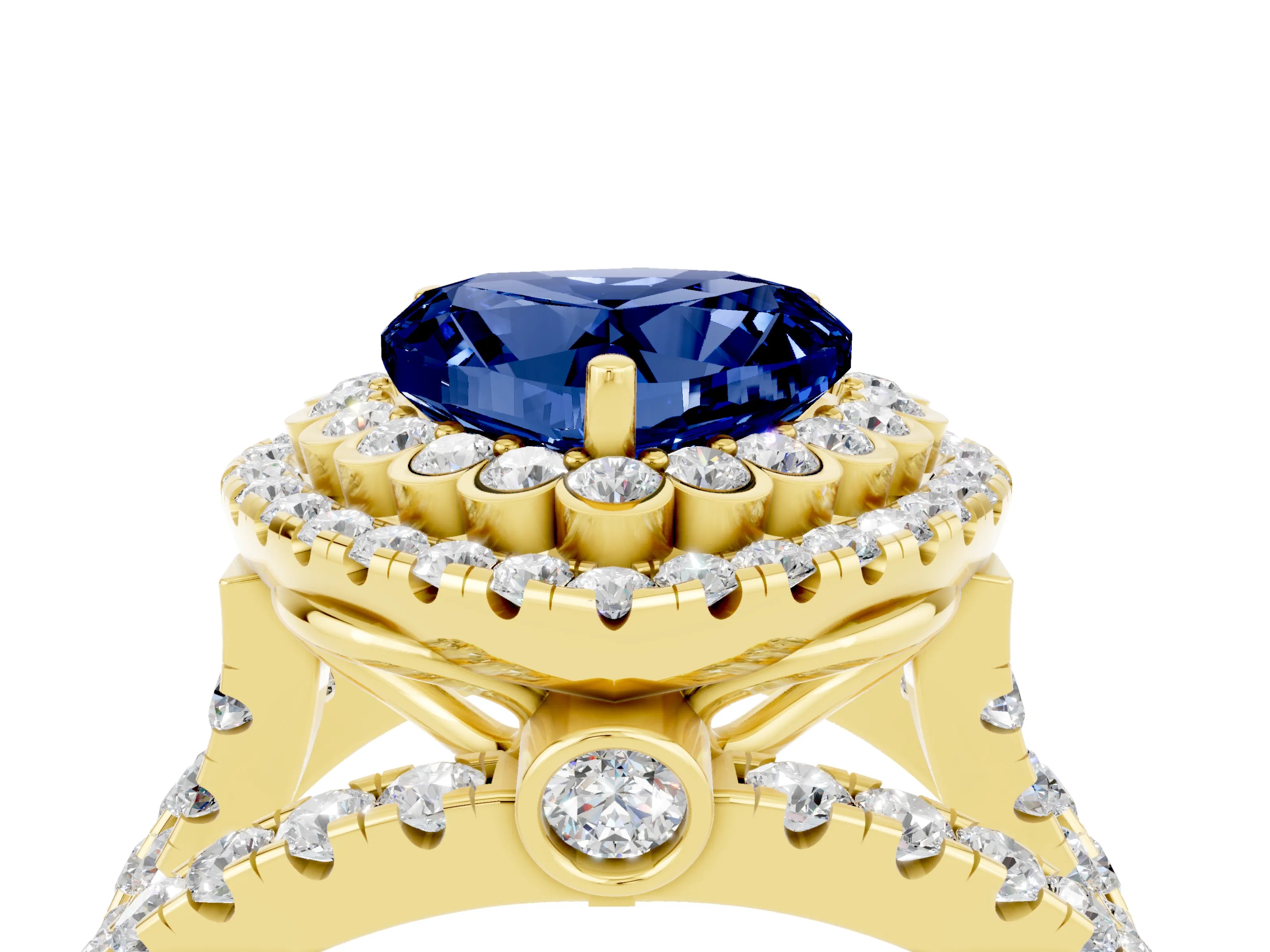 Yellow gold Double Halo Heart Cut Diamond Split Shank Pave Set Ring_4