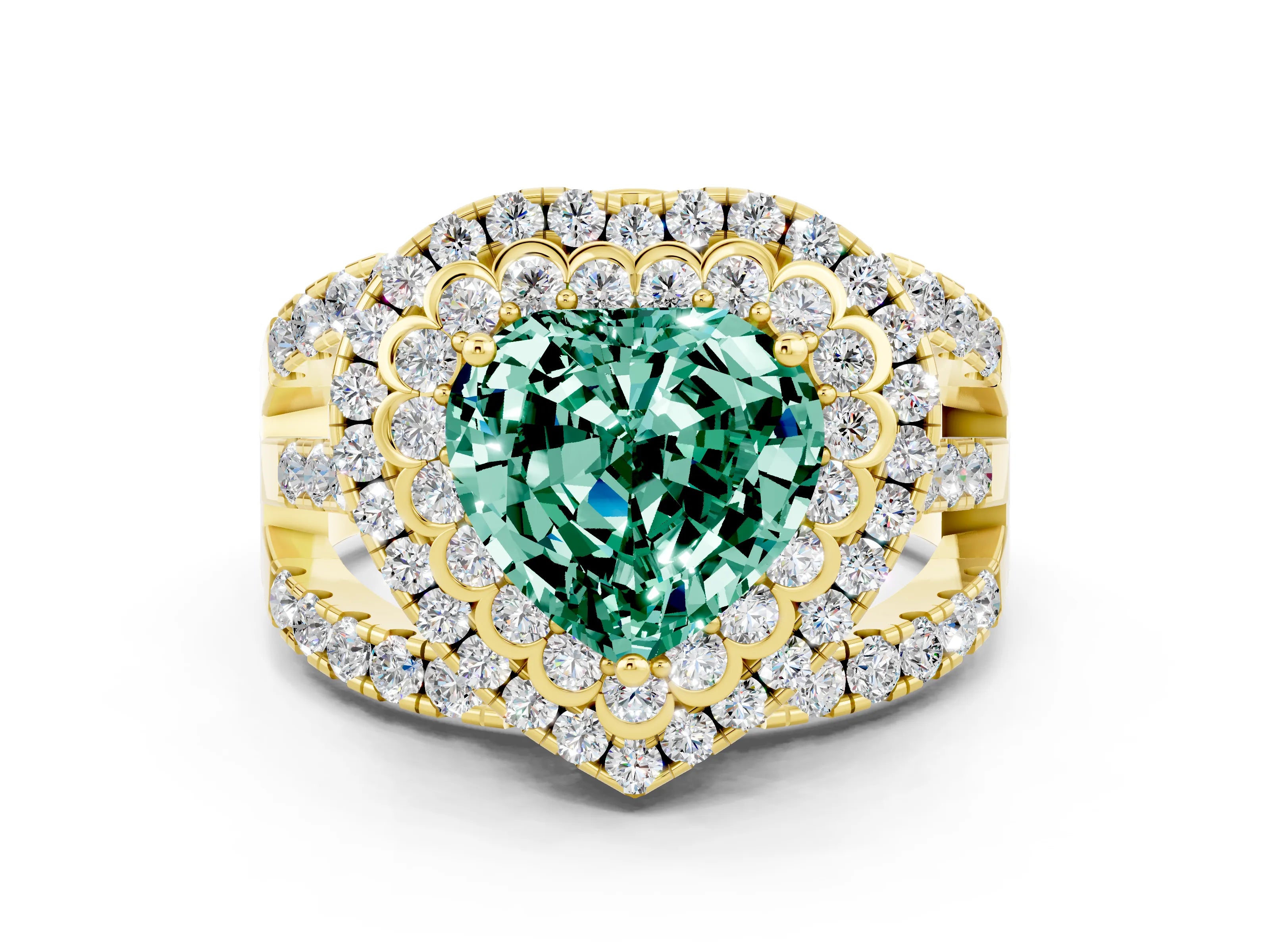 Yellow gold Double Halo Heart Cut Diamond Split Shank Pave Set Ring