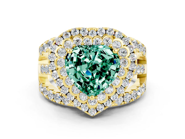 Yellow gold Heart Cut Green Sapphire Double Halo Ring with Round Pavé Split Shank and Prong Setting