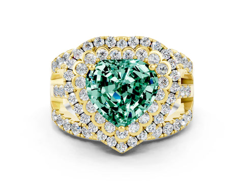 Yellow gold Double Halo Heart Cut Diamond Split Shank Pave Set Ring