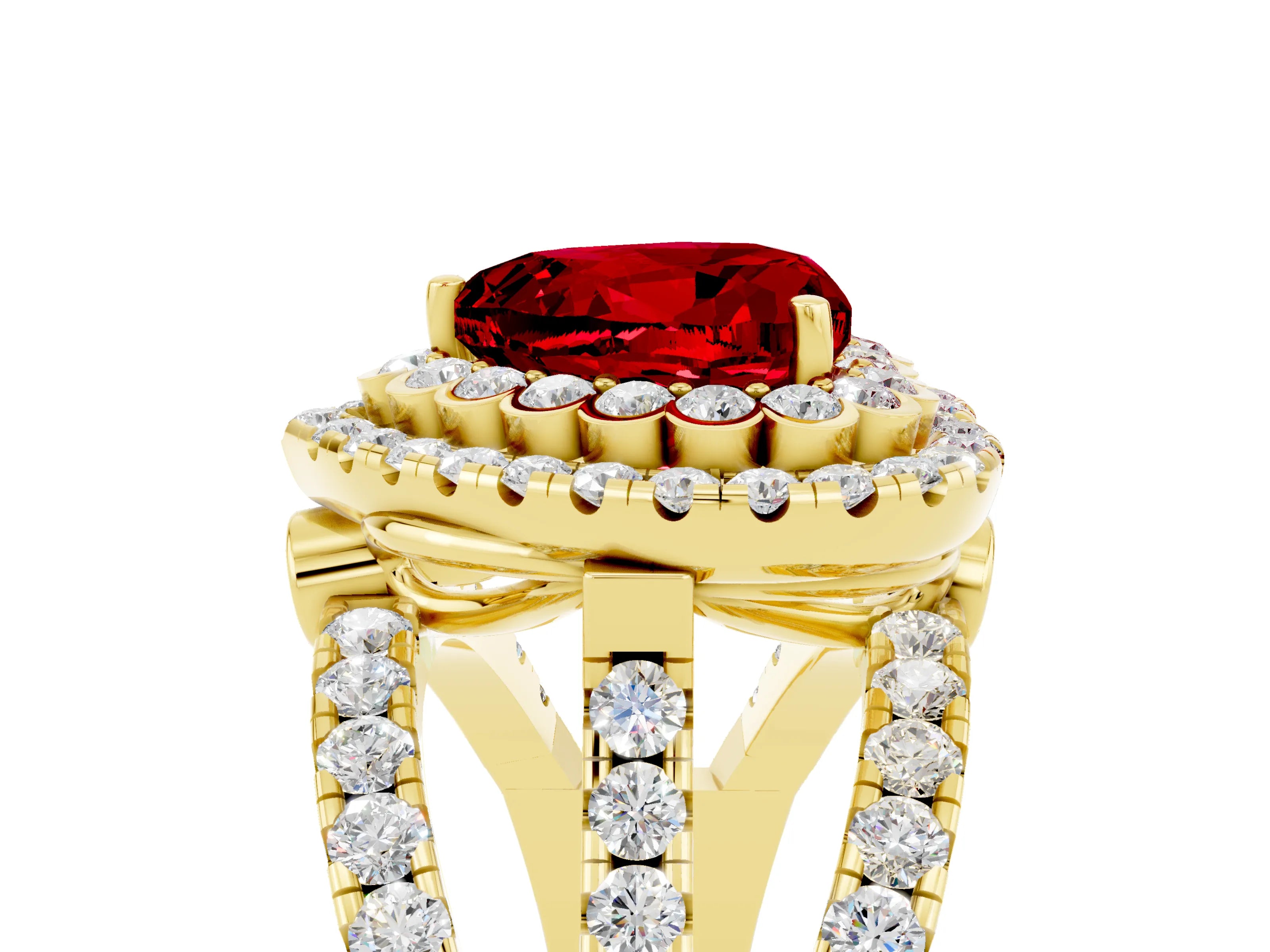 Yellow gold Double Halo Heart Cut Diamond Split Shank Pave Set Ring_5