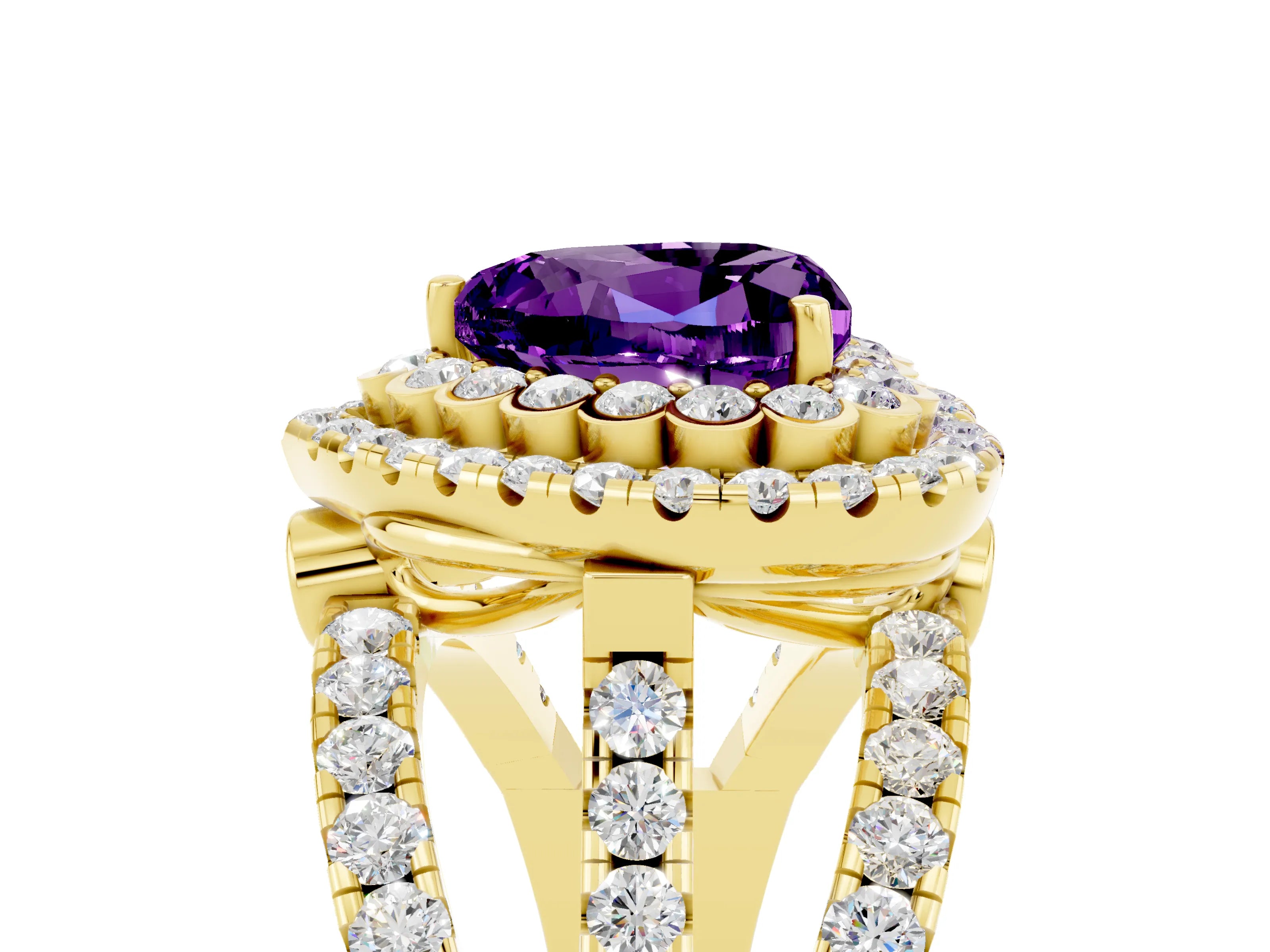 Yellow gold Double Halo Heart Cut Diamond Split Shank Pave Set Ring_5