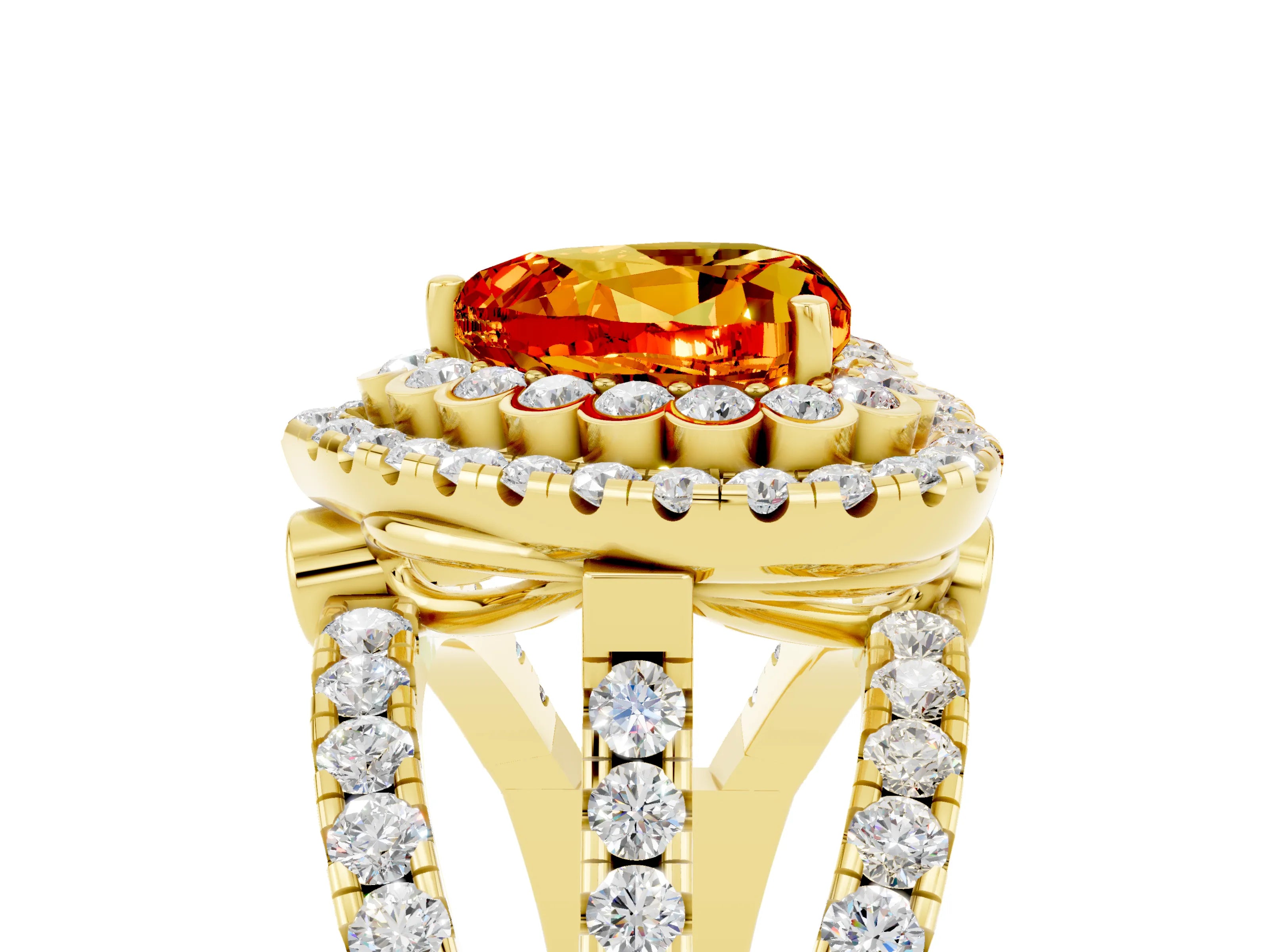 Yellow gold Double Halo Heart Cut Diamond Split Shank Pave Set Ring_5
