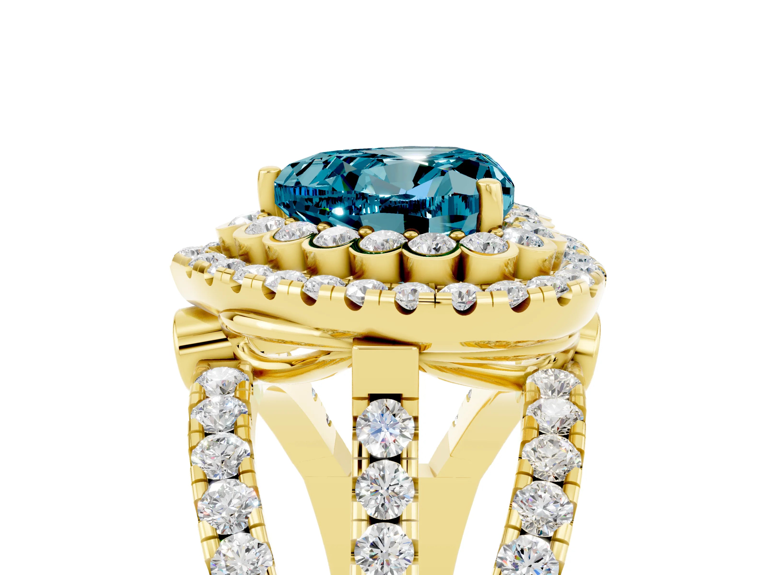 Yellow gold Double Halo Heart Cut Diamond Split Shank Pave Set Ring_5