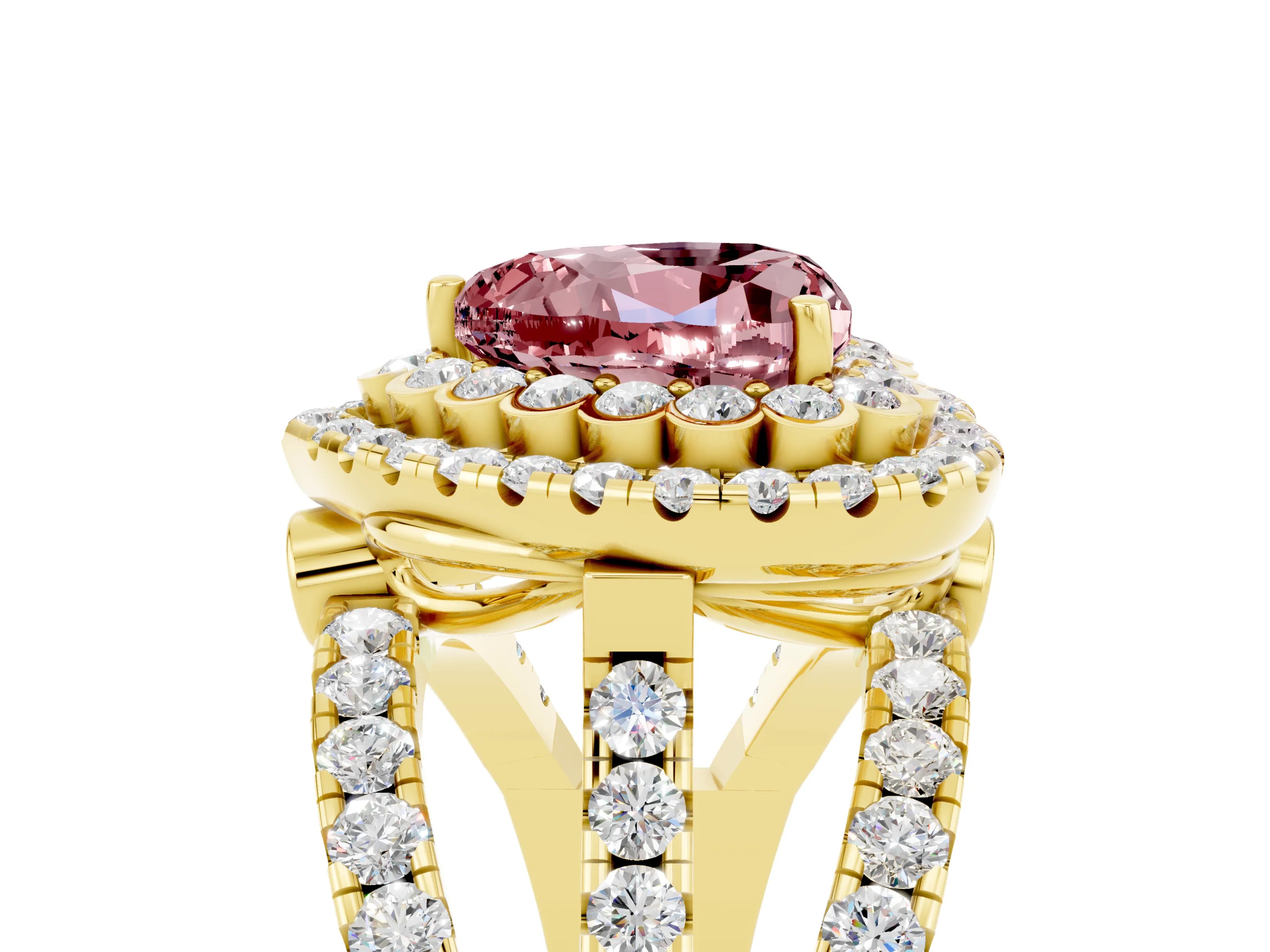 Yellow gold Double Halo Heart Cut Diamond Split Shank Pave Set Ring_5