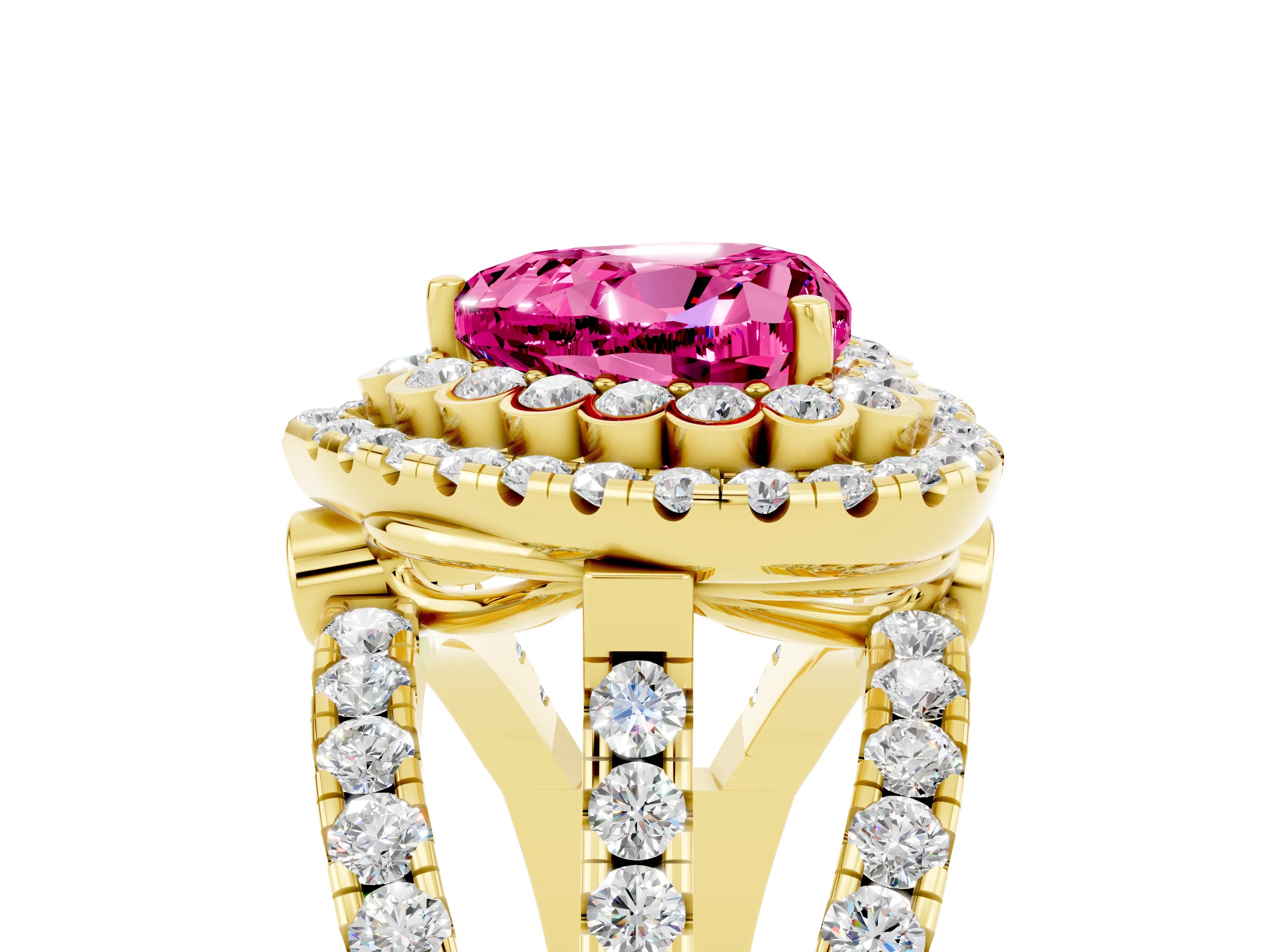 Yellow gold Double Halo Heart Cut Diamond Split Shank Pave Set Ring_5