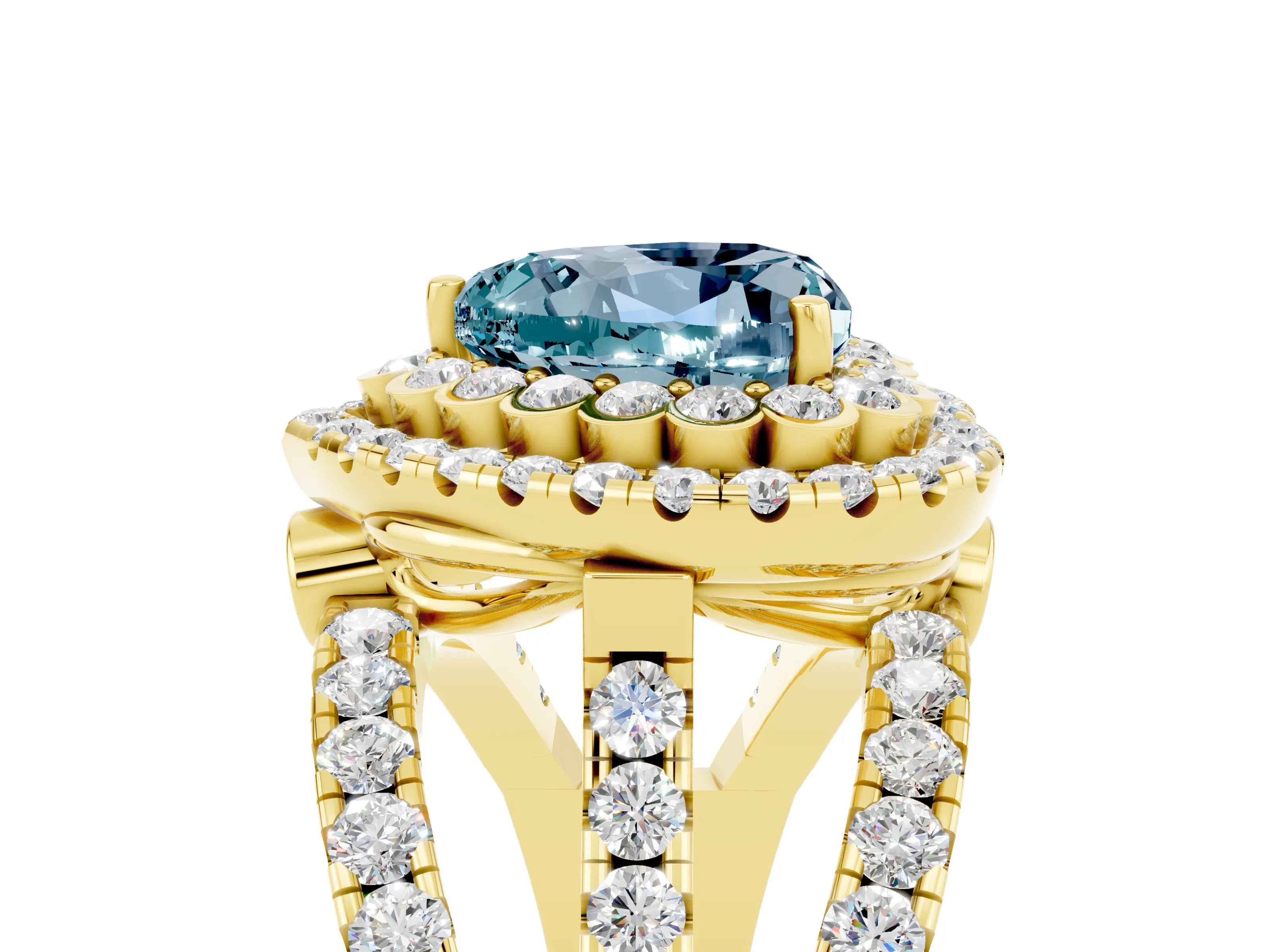 Yellow gold Double Halo Heart Cut Diamond Split Shank Pave Set Ring_5