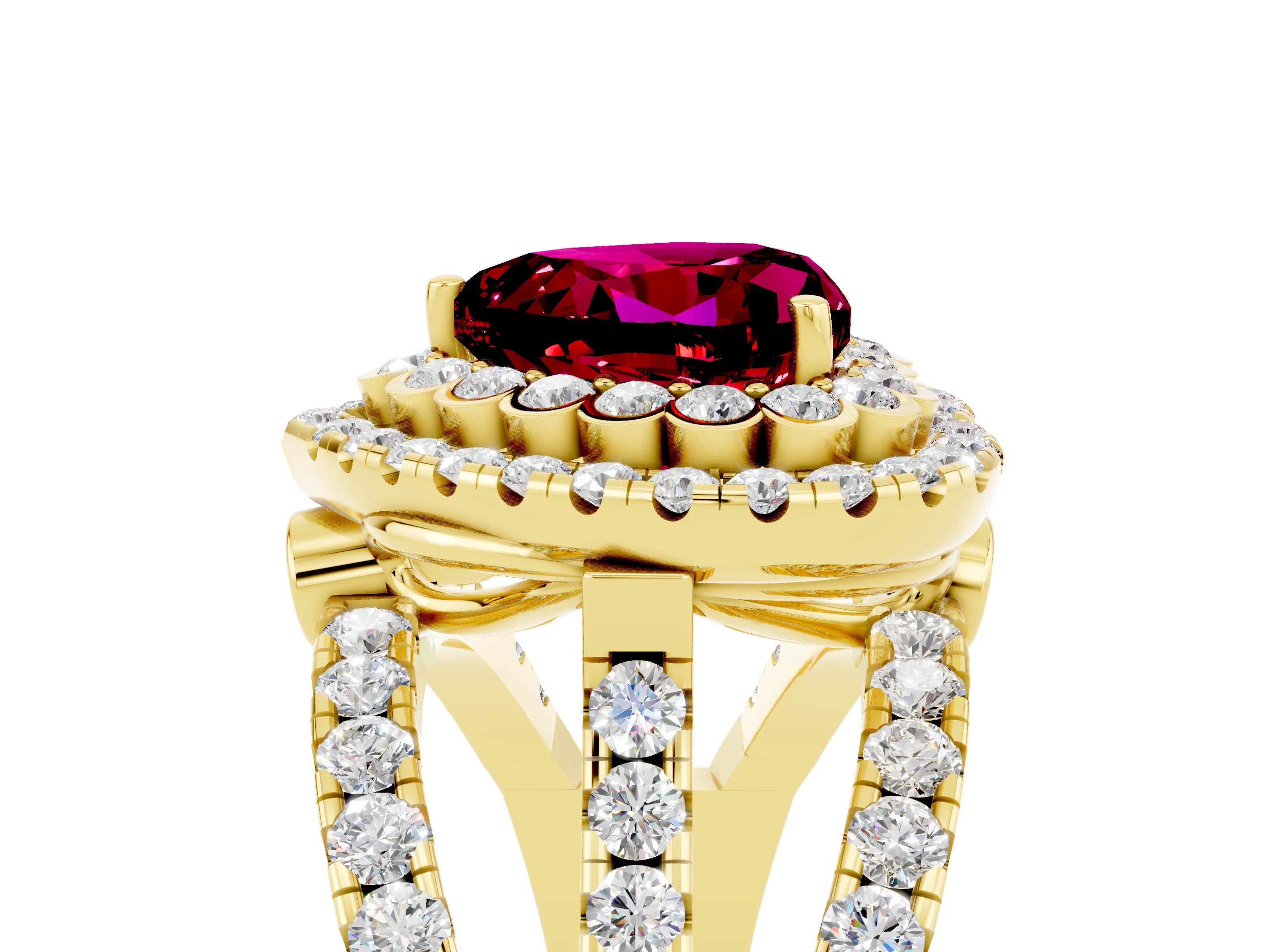 Yellow gold Double Halo Heart Cut Diamond Split Shank Pave Set Ring_5