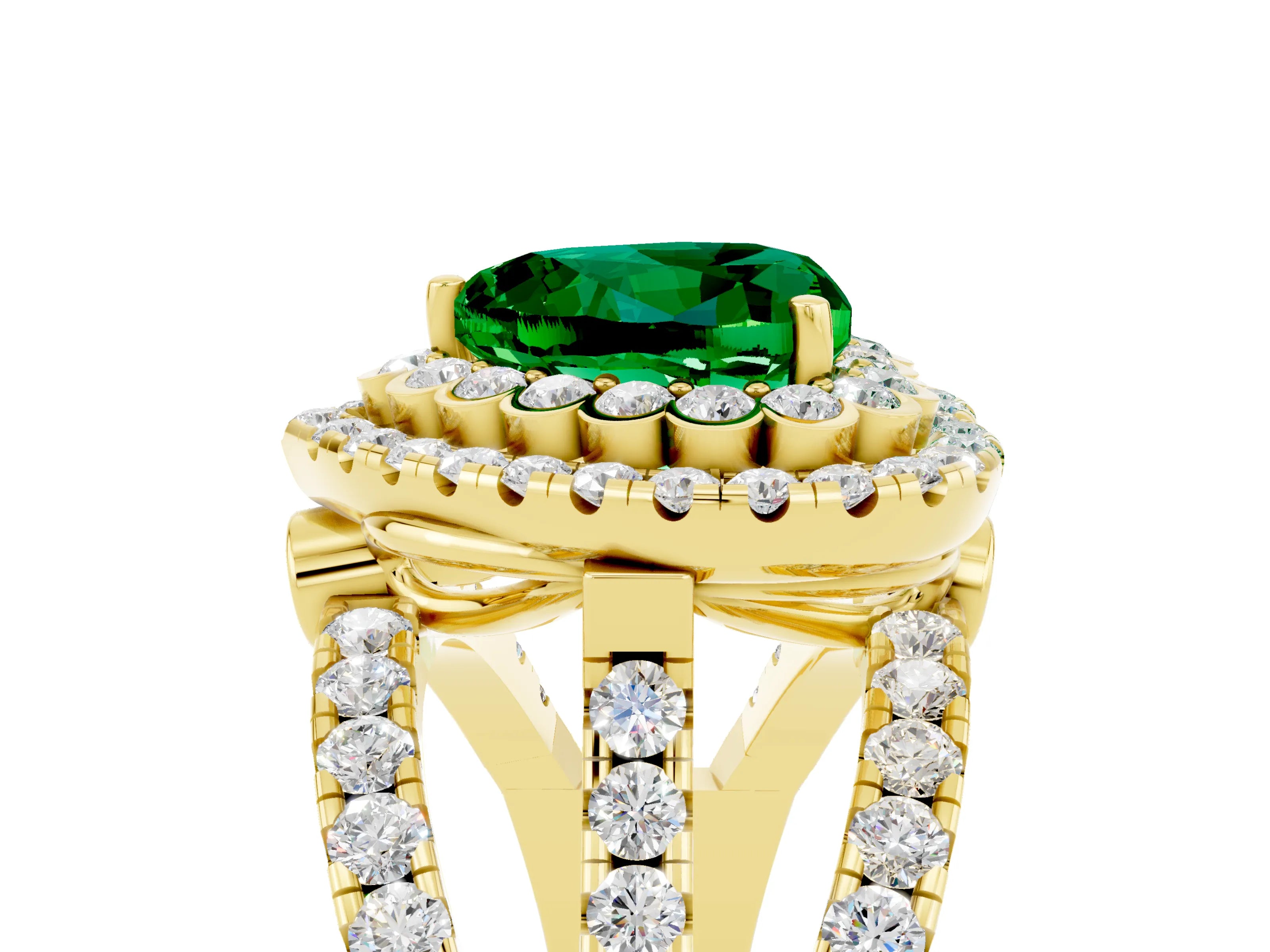 Yellow gold Double Halo Heart Cut Diamond Split Shank Pave Set Ring_5