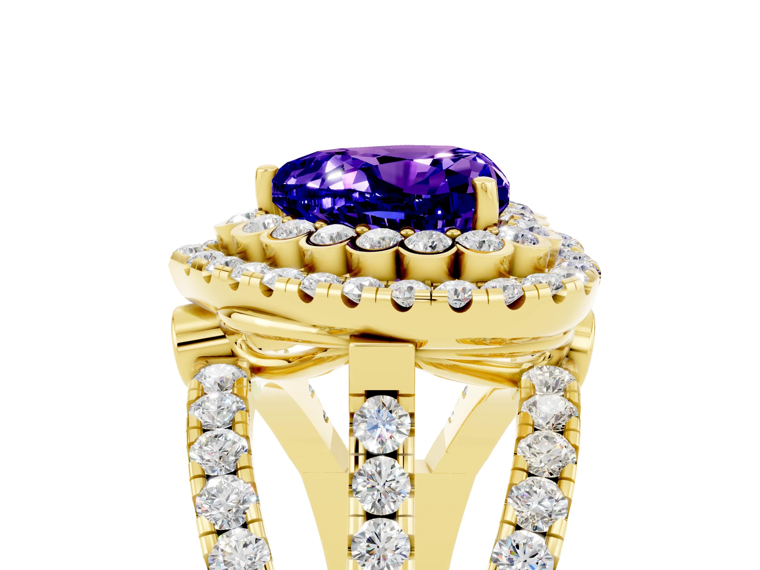 Yellow gold Double Halo Heart Cut Diamond Split Shank Pave Set Ring_5