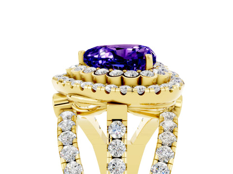 Yellow gold Double Halo Heart Cut Diamond Split Shank Pave Set Ring_5