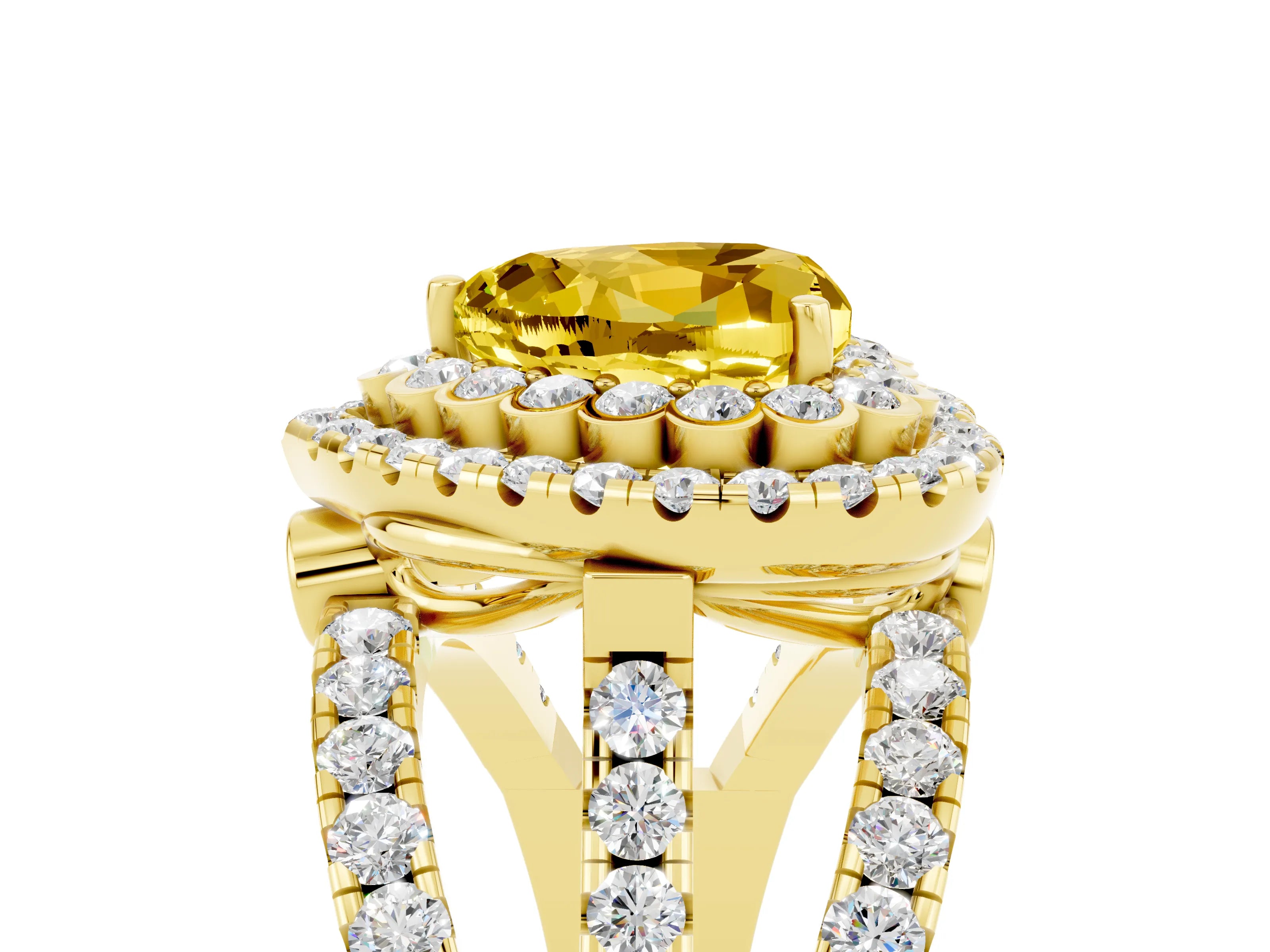 Yellow gold Double Halo Heart Cut Diamond Split Shank Pave Set Ring_5