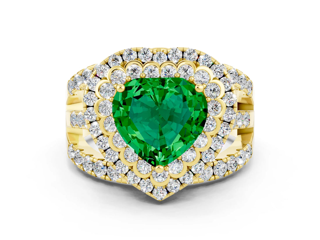 Yellow gold Double Halo Heart Cut Diamond Split Shank Pave Set Ring