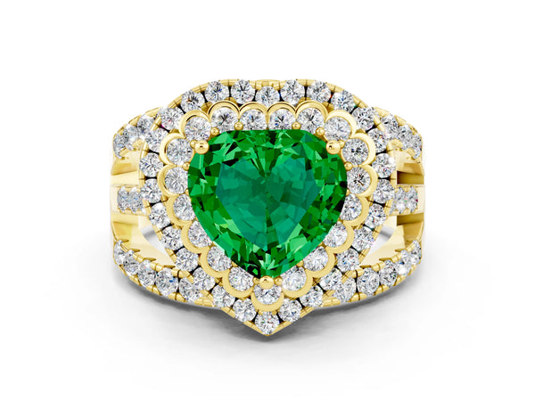 Yellow gold Heart Cut Emerald Double Halo Ring with Round Pavé Split Shank and Prong Setting