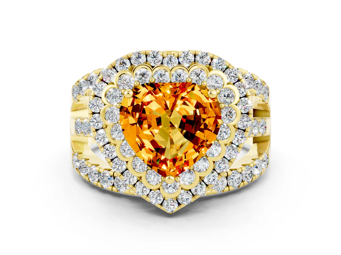 Yellow gold Double Halo Heart Cut Diamond Split Shank Pave Set Ring