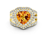 Yellow gold Double Halo Heart Cut Diamond Split Shank Pave Set Ring