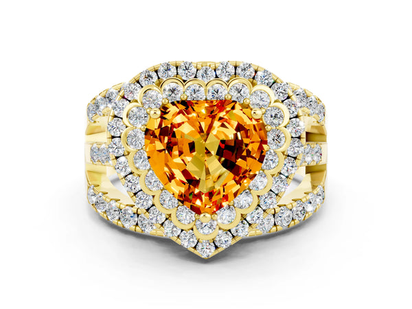 Yellow gold Heart Cut Citrine Double Halo Ring with Round Pavé Split Shank and Prong Setting