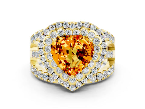 Yellow gold Double Halo Heart Cut Diamond Split Shank Pave Set Ring