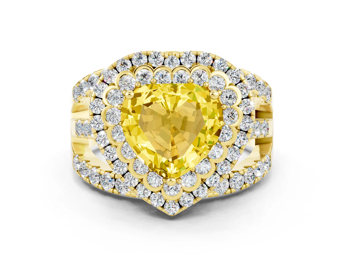Yellow gold Double Halo Heart Cut Diamond Split Shank Pave Set Ring