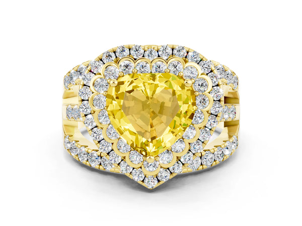 Yellow gold Heart Cut Yellow Sapphire Double Halo Ring with Round Pavé Split Shank and Prong Setting