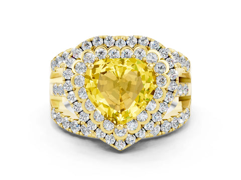 Yellow gold Double Halo Heart Cut Diamond Split Shank Pave Set Ring