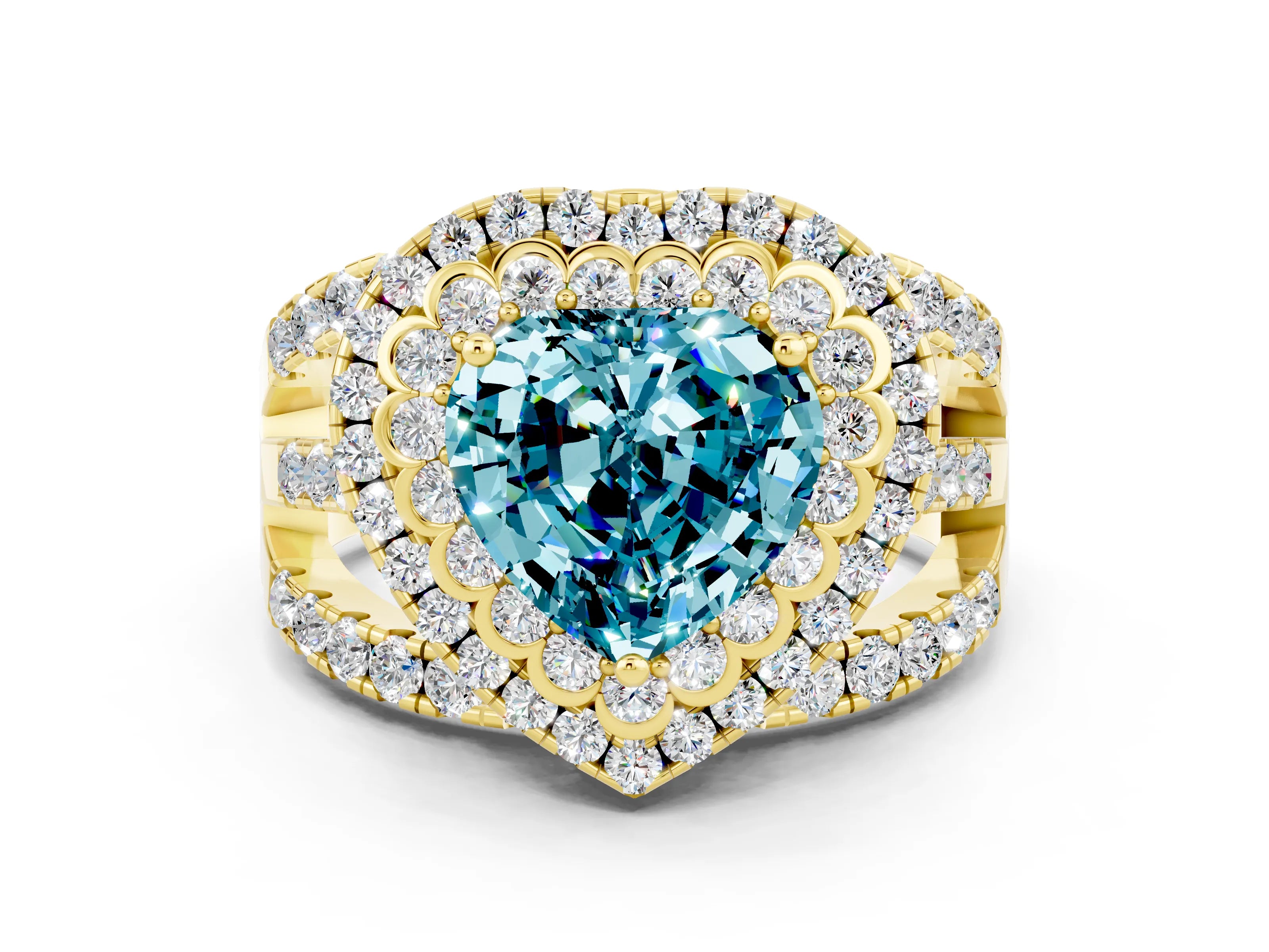 Yellow gold Double Halo Heart Cut Diamond Split Shank Pave Set Ring