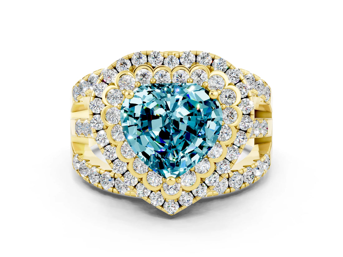 Yellow gold Double Halo Heart Cut Diamond Split Shank Pave Set Ring