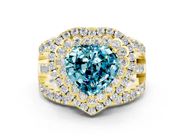 Yellow gold Double Halo Heart Cut Diamond Split Shank Pave Set Ring