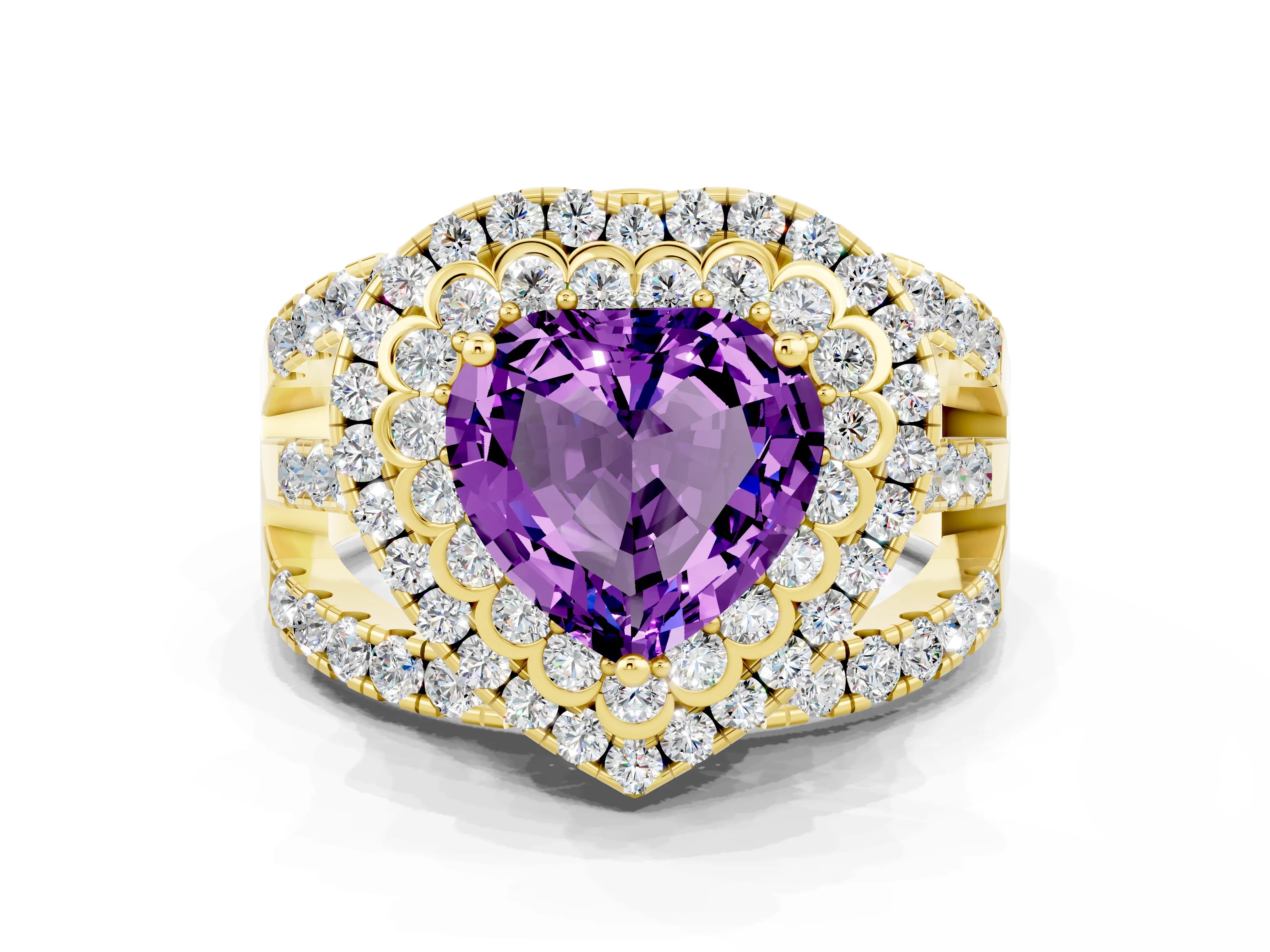 Yellow gold Double Halo Heart Cut Diamond Split Shank Pave Set Ring
