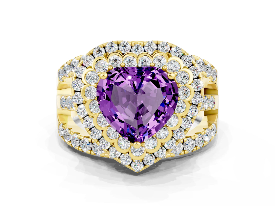 Yellow gold Double Halo Heart Cut Diamond Split Shank Pave Set Ring