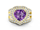 Yellow gold Double Halo Heart Cut Diamond Split Shank Pave Set Ring