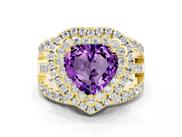 Yellow gold Heart Cut Amethyst Double Halo Ring with Round Pavé Split Shank and Prong Setting