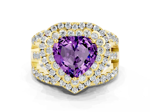 Yellow gold Double Halo Heart Cut Diamond Split Shank Pave Set Ring