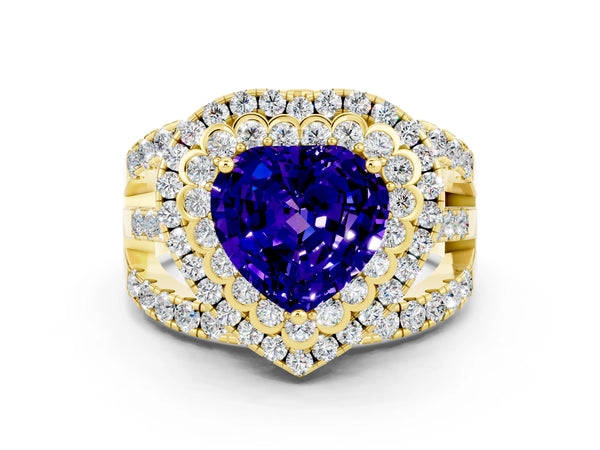 Yellow gold Heart Cut Tanzanite Double Halo Ring with Round Pavé Split Shank and Prong Setting