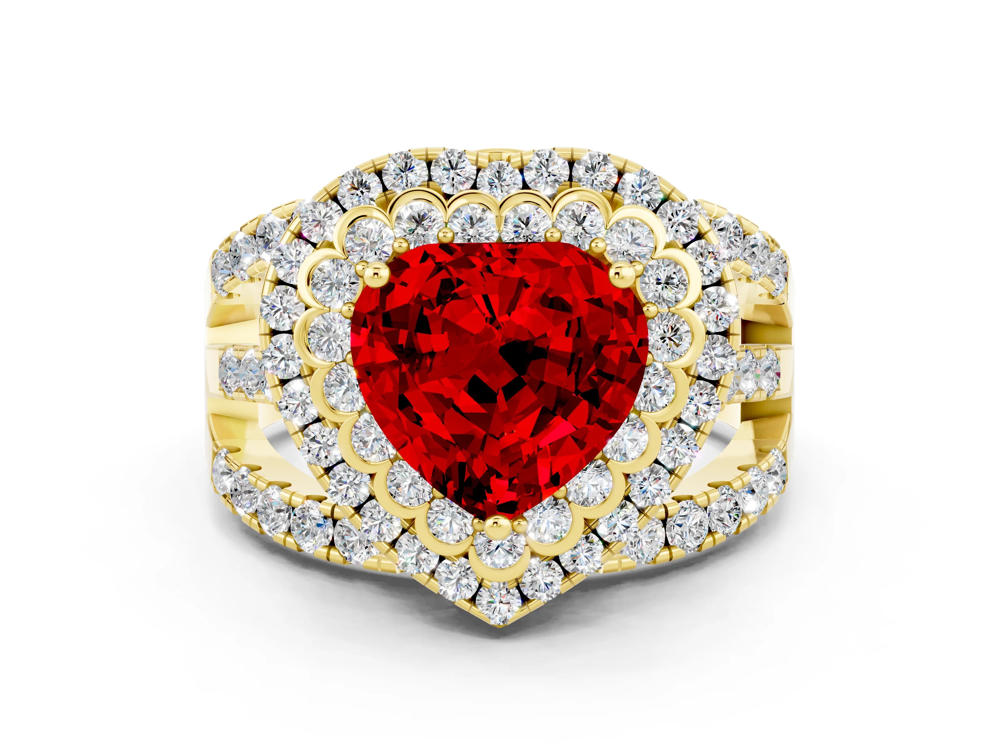 Yellow gold Double Halo Heart Cut Diamond Split Shank Pave Set Ring