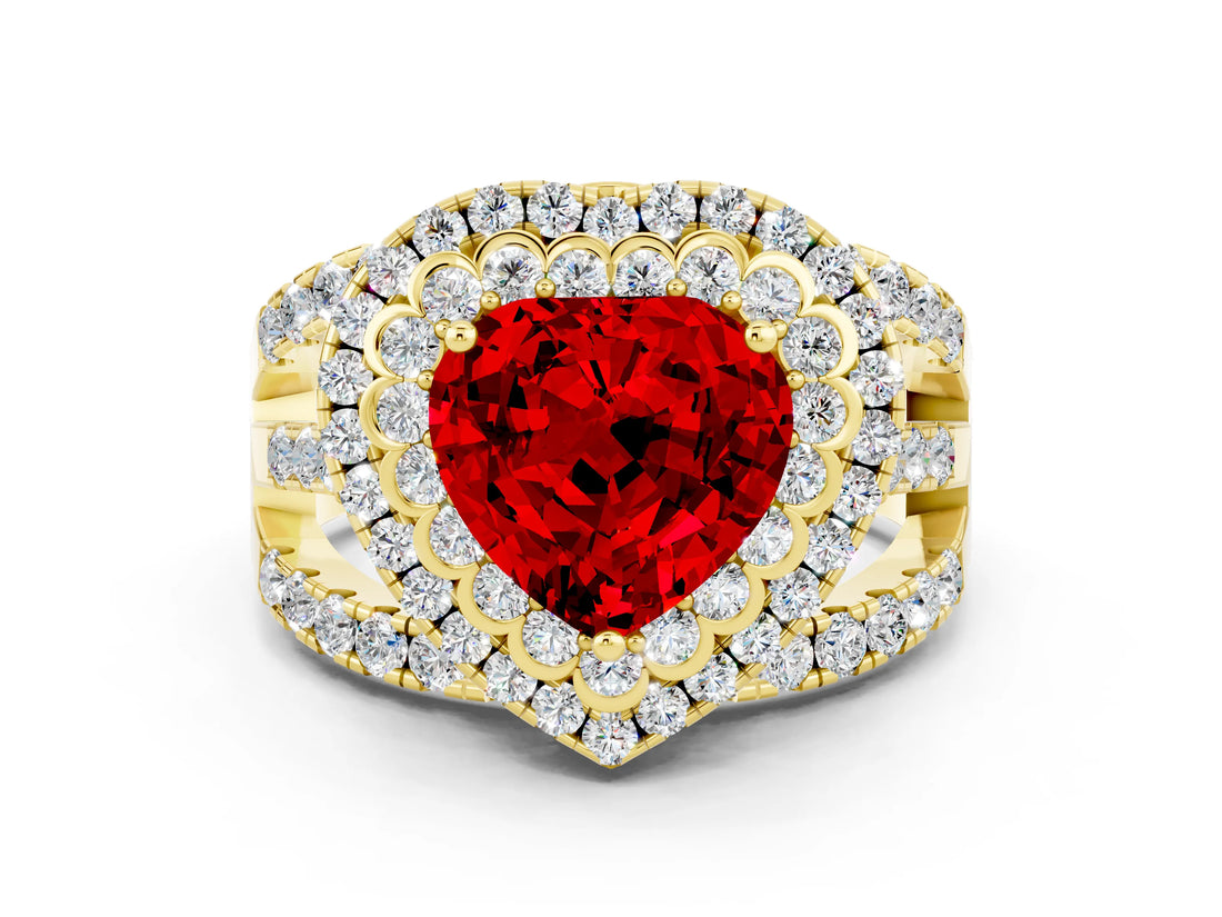 Yellow gold Double Halo Heart Cut Diamond Split Shank Pave Set Ring