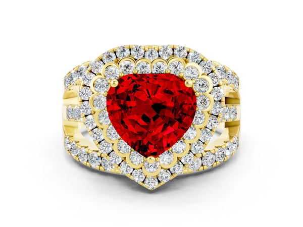Yellow gold Double Halo Heart Cut Diamond Split Shank Pave Set Ring
