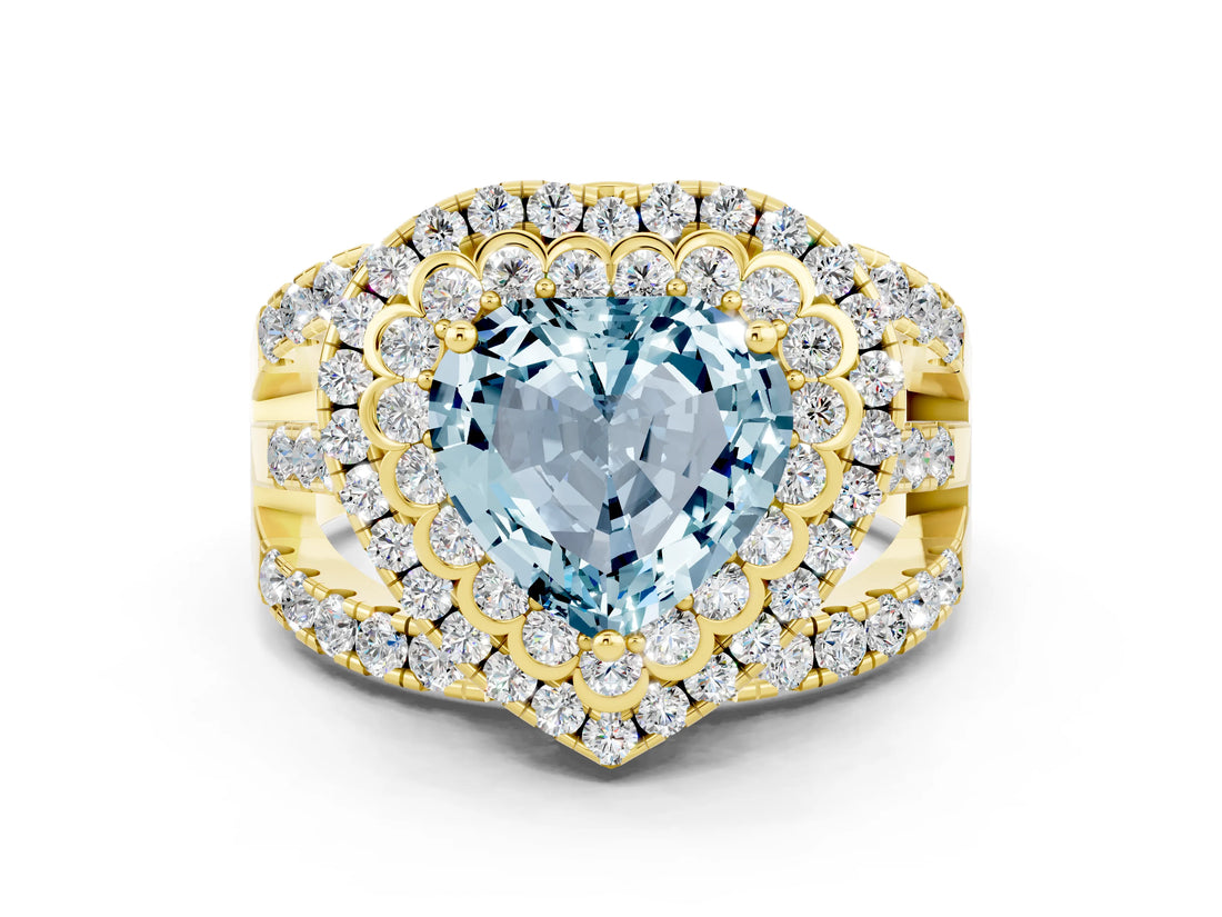 Yellow gold Double Halo Heart Cut Diamond Split Shank Pave Set Ring